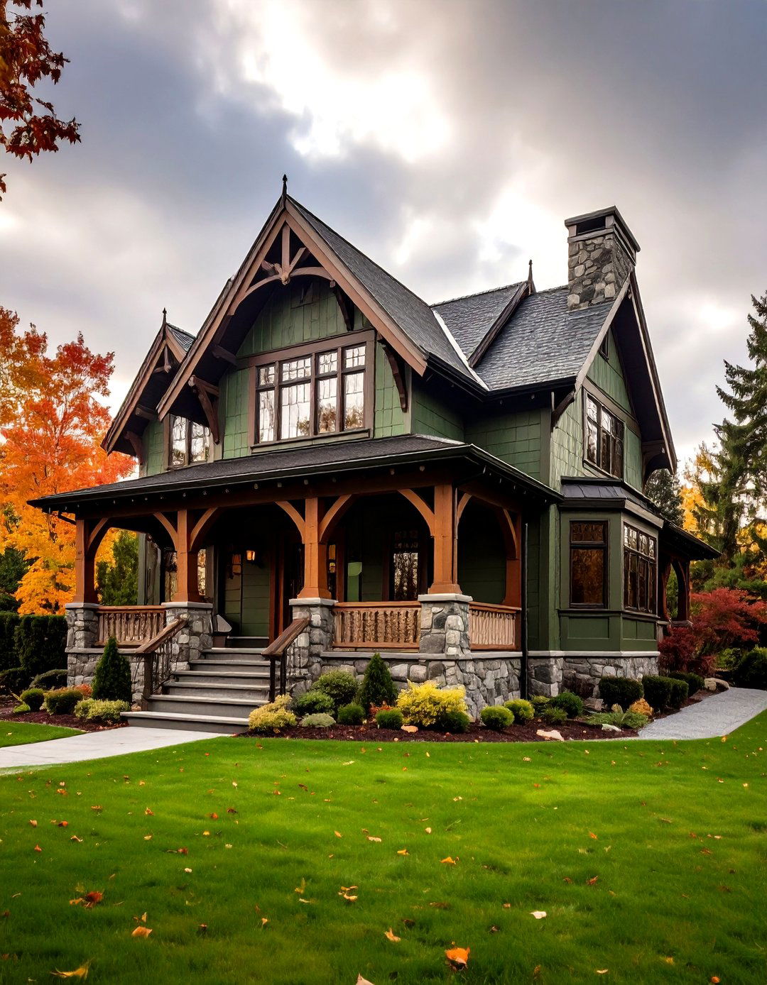 Gothic Revival Dramatic Elements - 24 Dark Olive Green House Designs