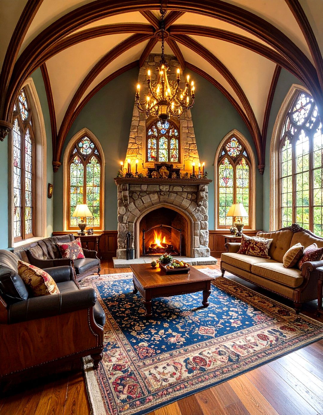 Gothic Revival Fireplace With Pointed Arch Ceiling - 24 Rooms With Fireplaces With Vaulted Ceilings Features