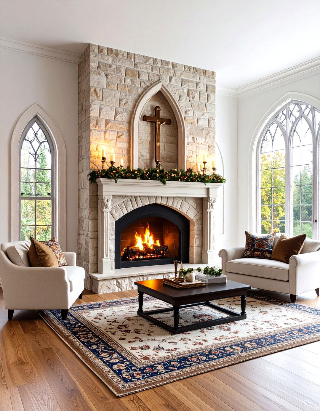 Gothic Revival Fireplace with Cathedral Elements - 24 Fireplace Decor Ideas