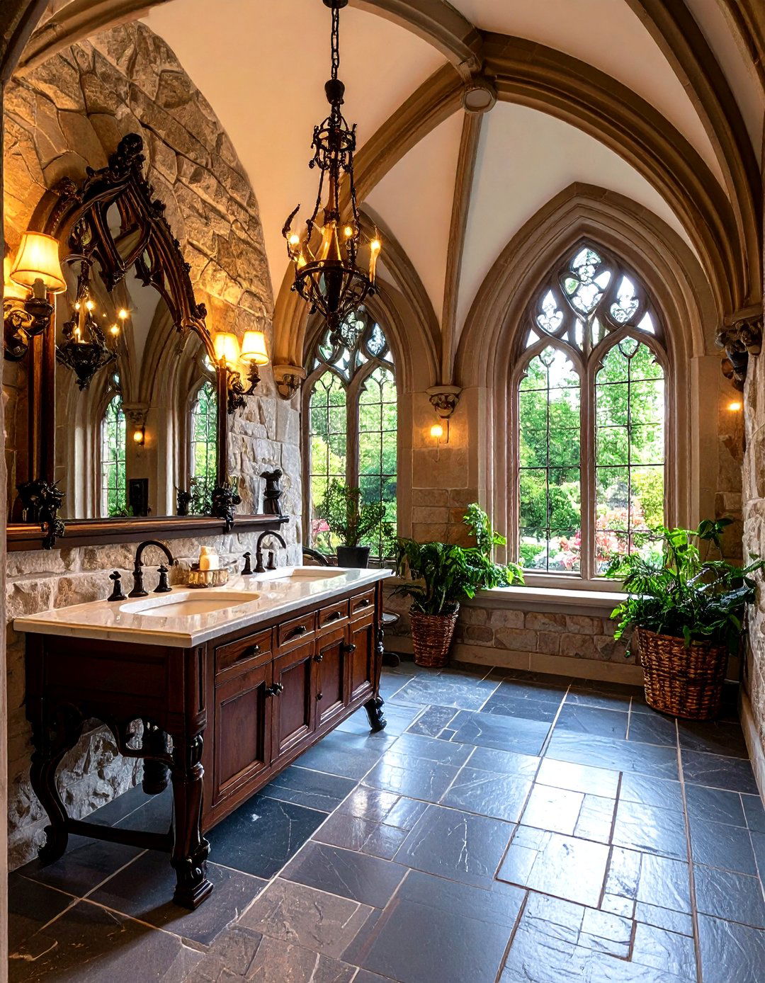 Gothic Revival Powder Room with Dark Architectural Details