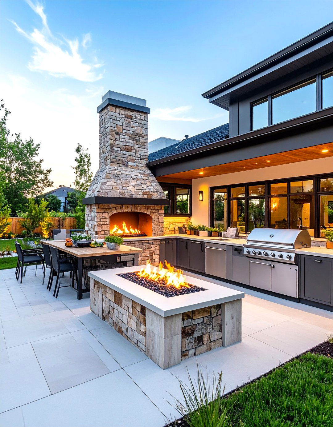 Grand Corner Fireplace with Outdoor Kitchen - 24 Outdoor Corner Fireplace Ideas