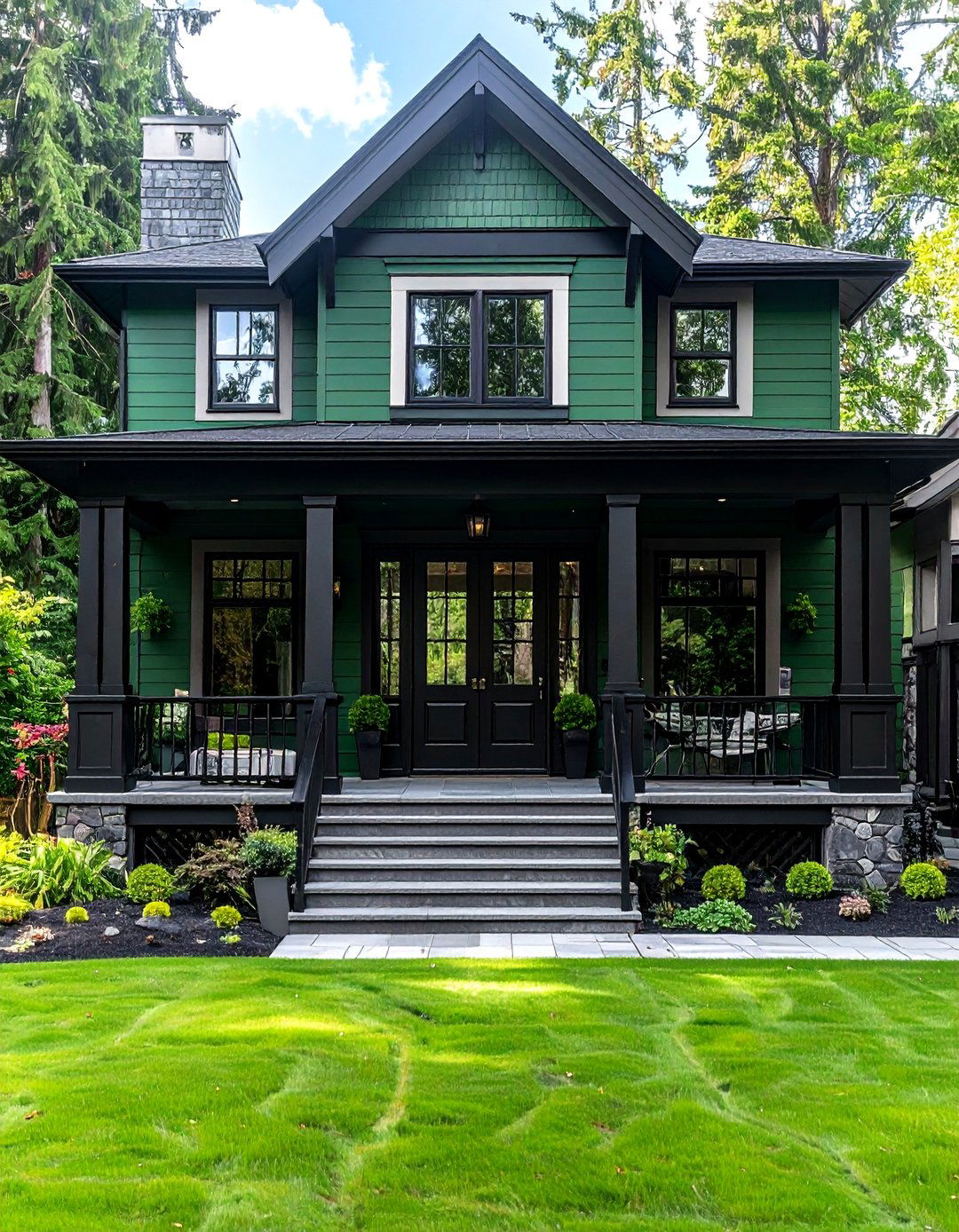 Grand Entrance Forest Green Design - 24 Forest Green House With Black Trim