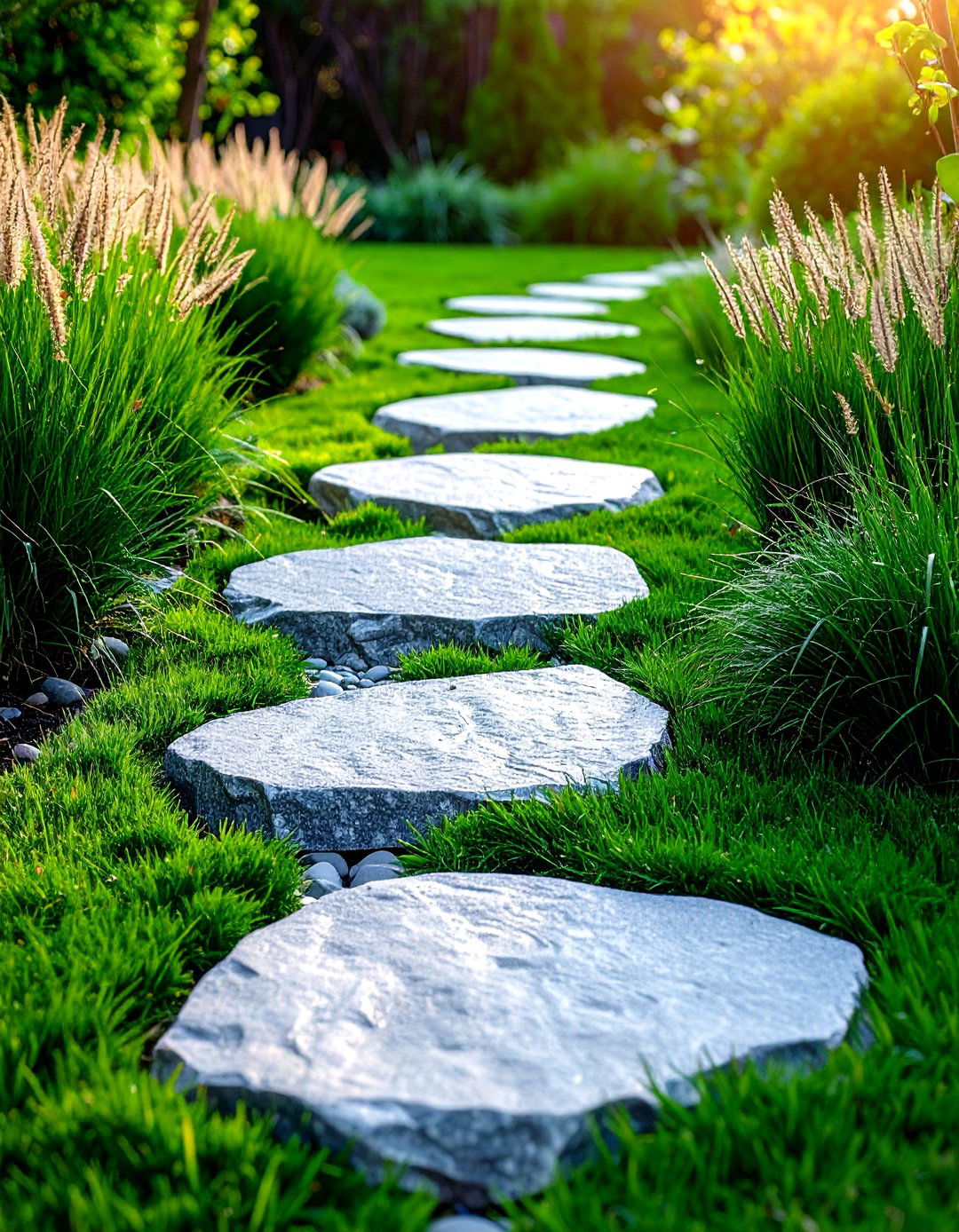 Granite Stepping Stones with Ornamental Grass - 24 Granite Walkway Ideas