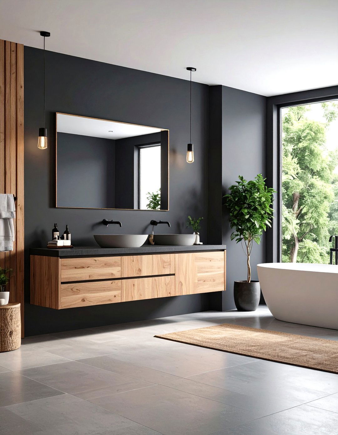 Graphite Walls with Natural Wood Floating Vanity - 24 Black and Wood Bathroom Ideas