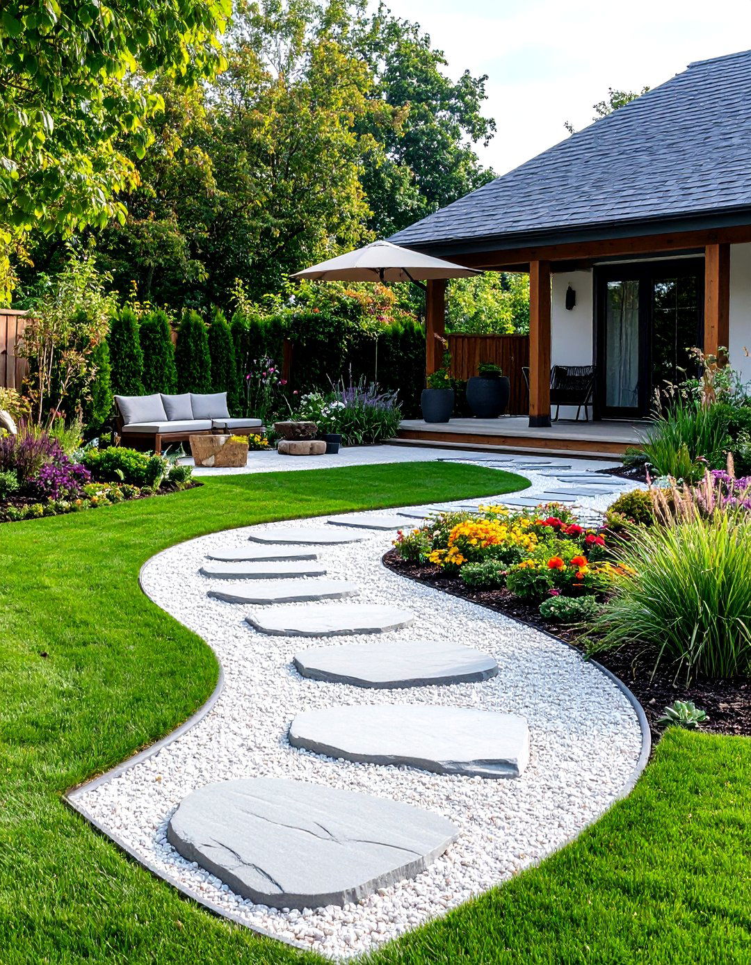Gravel Semi Circle Patio with Stepping Stone Path - 24 Semi Circle Patio Ideas and Inspiration