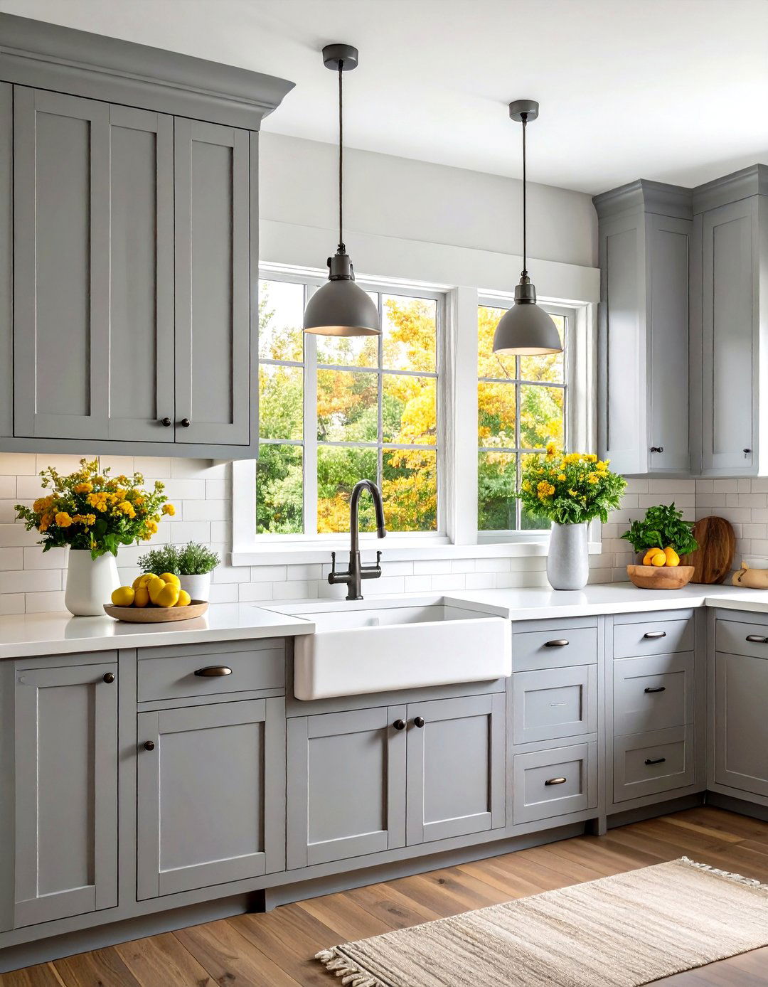 Gray Beadboard Cabinets with Farmhouse Sink Focal Points - 24 Farmhouse Kitchen With Gray Cabinets Ideas