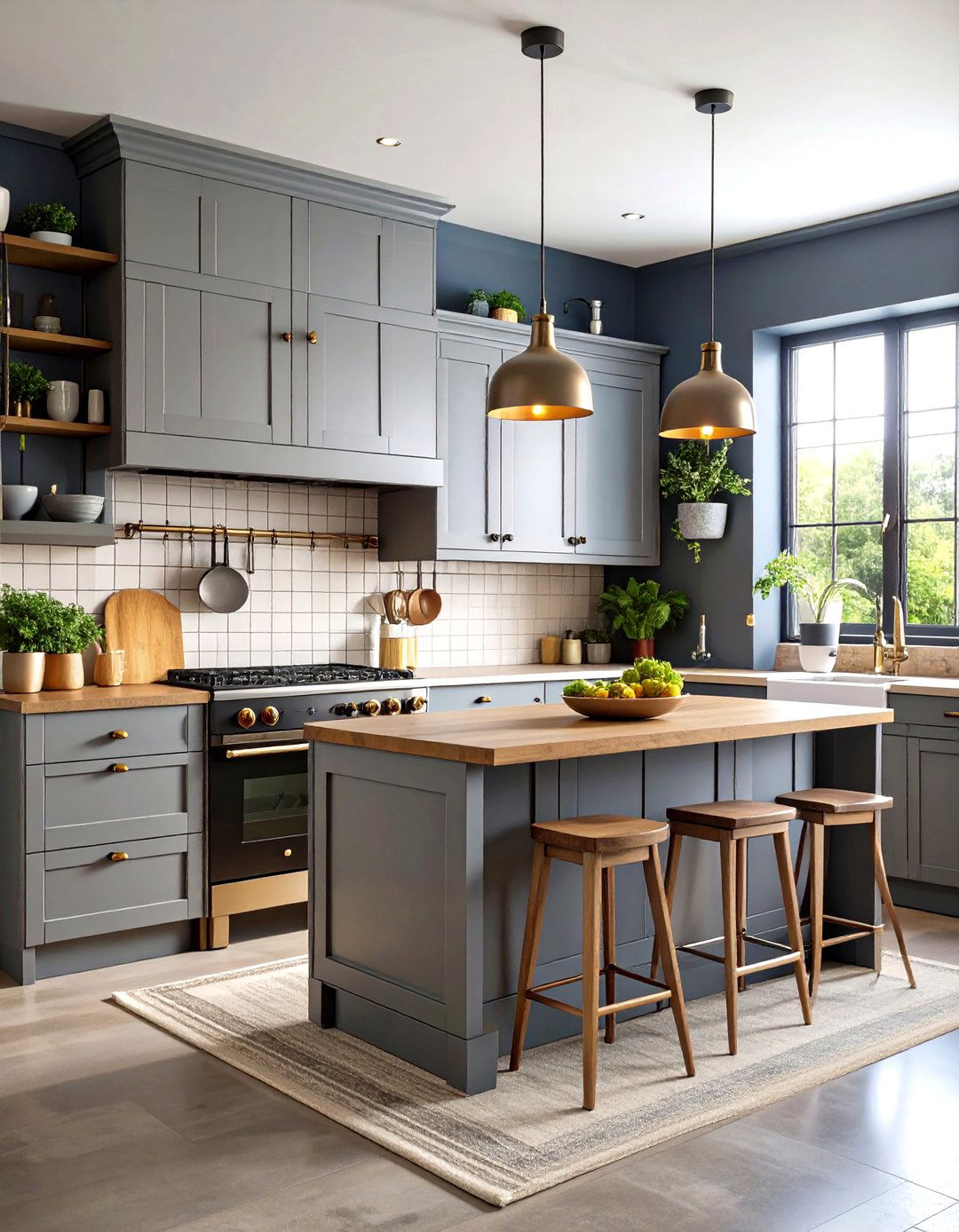 Gray Cabinets with Mixed Metal Hardware and Industrial Accents