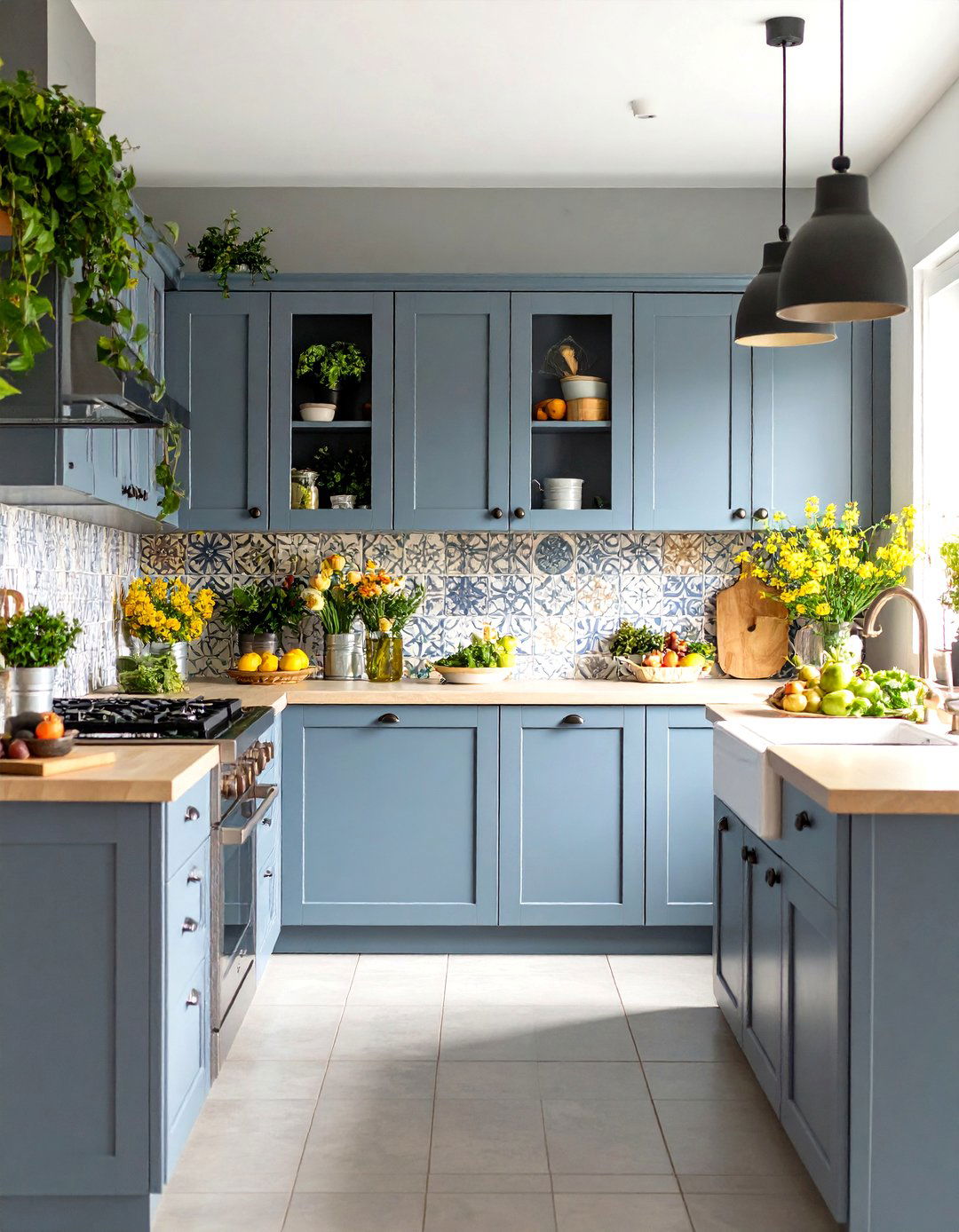 Gray Cabinets with Patterned Tile Backsplash Features - 24 Farmhouse Kitchen With Gray Cabinets Ideas