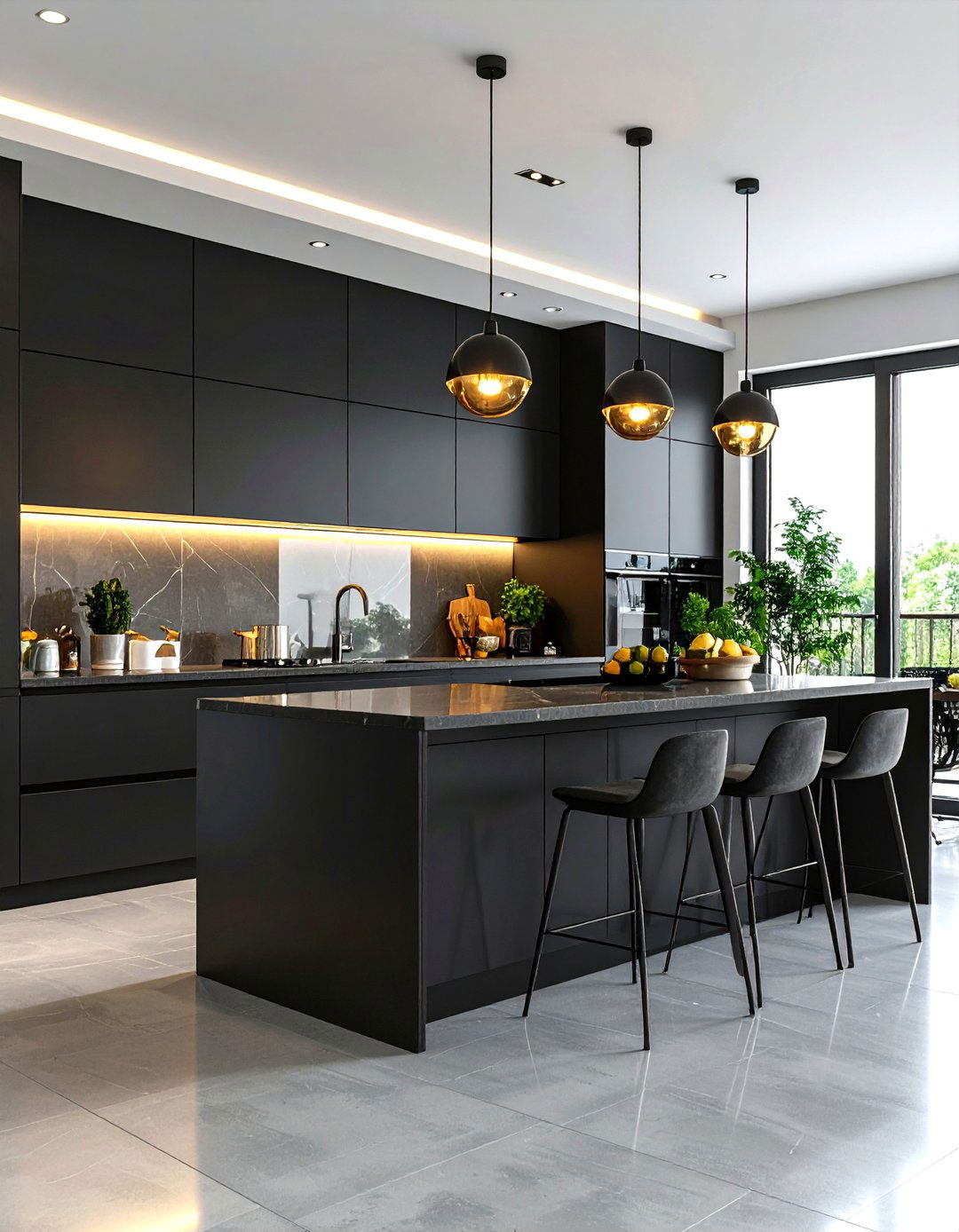Gray Glass Tile Backsplash with Black Cabinets - 24 Gray and Black Kitchen Ideas