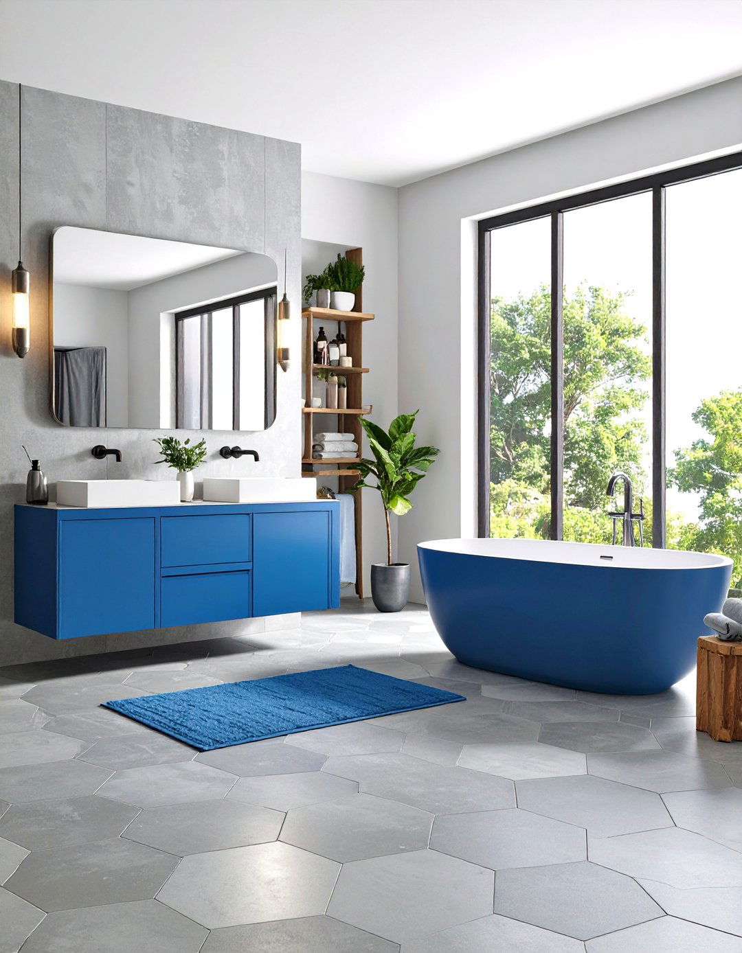 Gray Hexagon Floor Tiles with Blue Accent Features - 24 Blue and Gray Bathroom Ideas