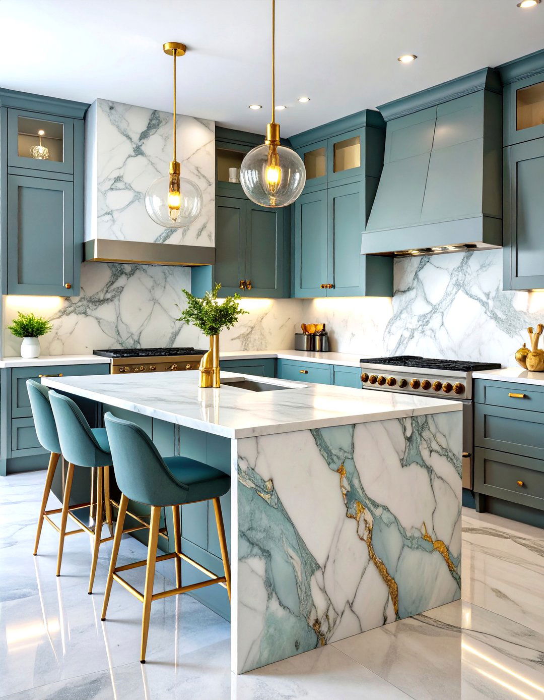 Gray Kitchen Cabinets with Marble Slab Backsplash - 24 Gray Kitchens