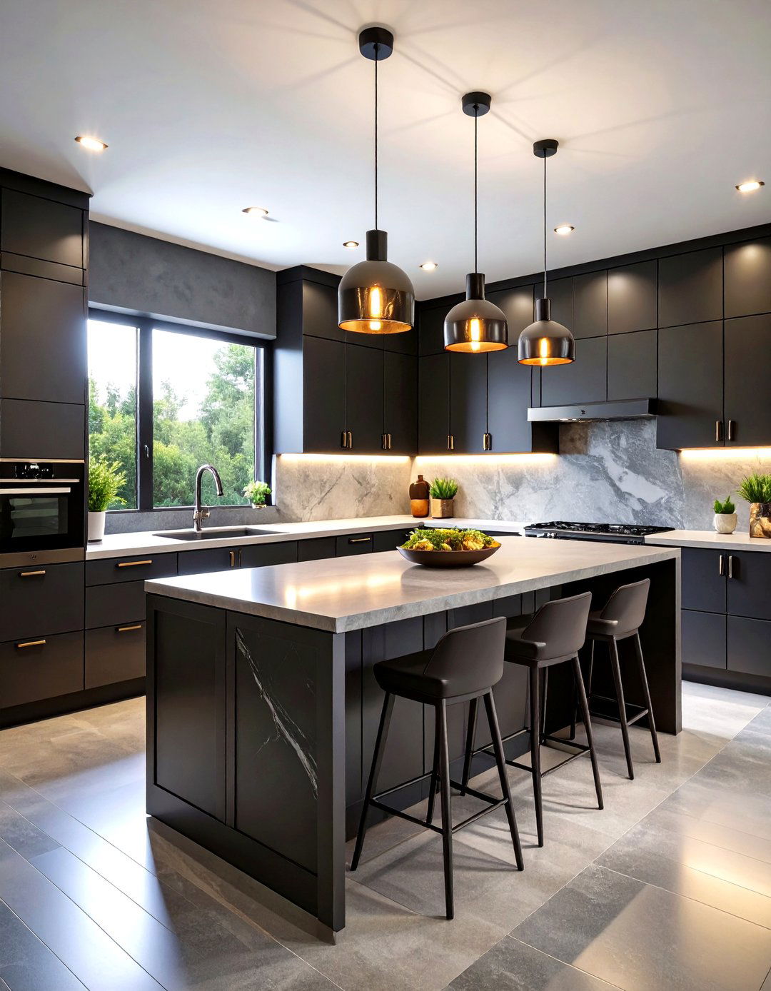 Gray Kitchen Island with Black Perimeter Cabinets - 24 Gray and Black Kitchen Ideas