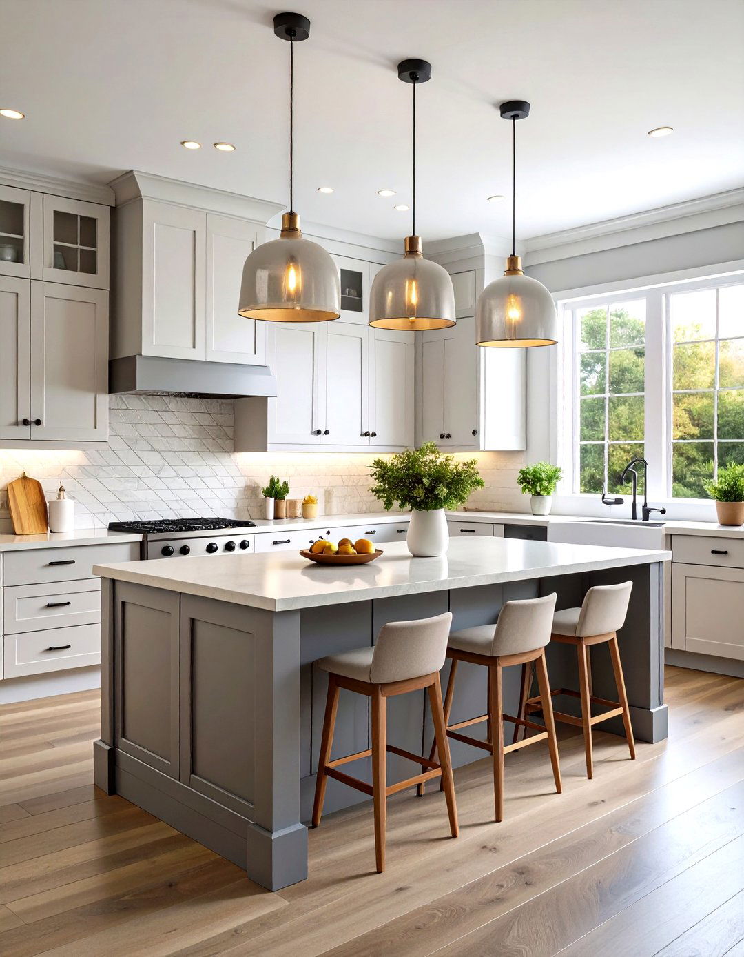 Gray Kitchen Island with White Perimeter Cabinets - 24 Farmhouse Kitchen With Gray Cabinets Ideas