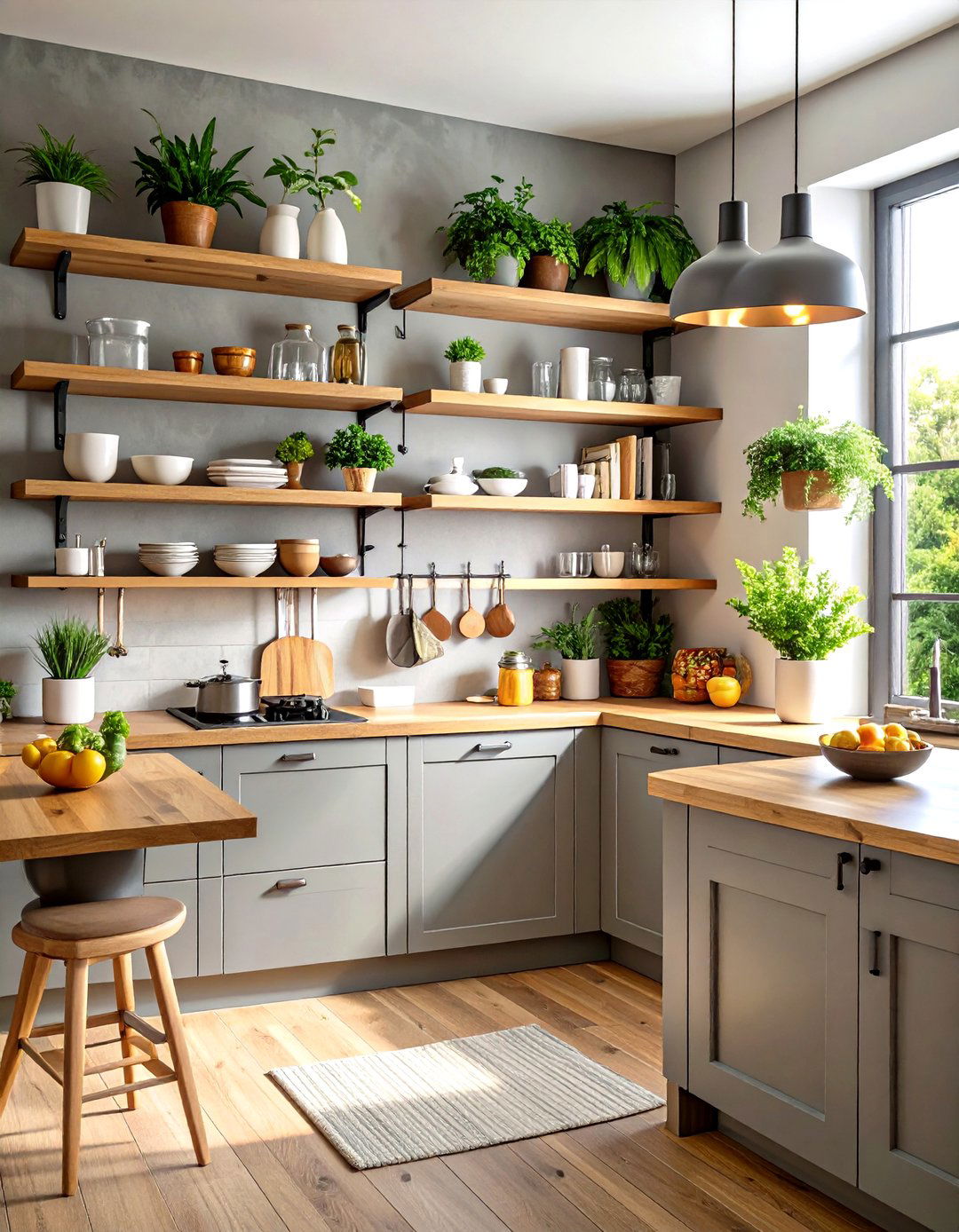 Gray Kitchen with Floating Wood Open Shelving - 24 Gray Kitchens