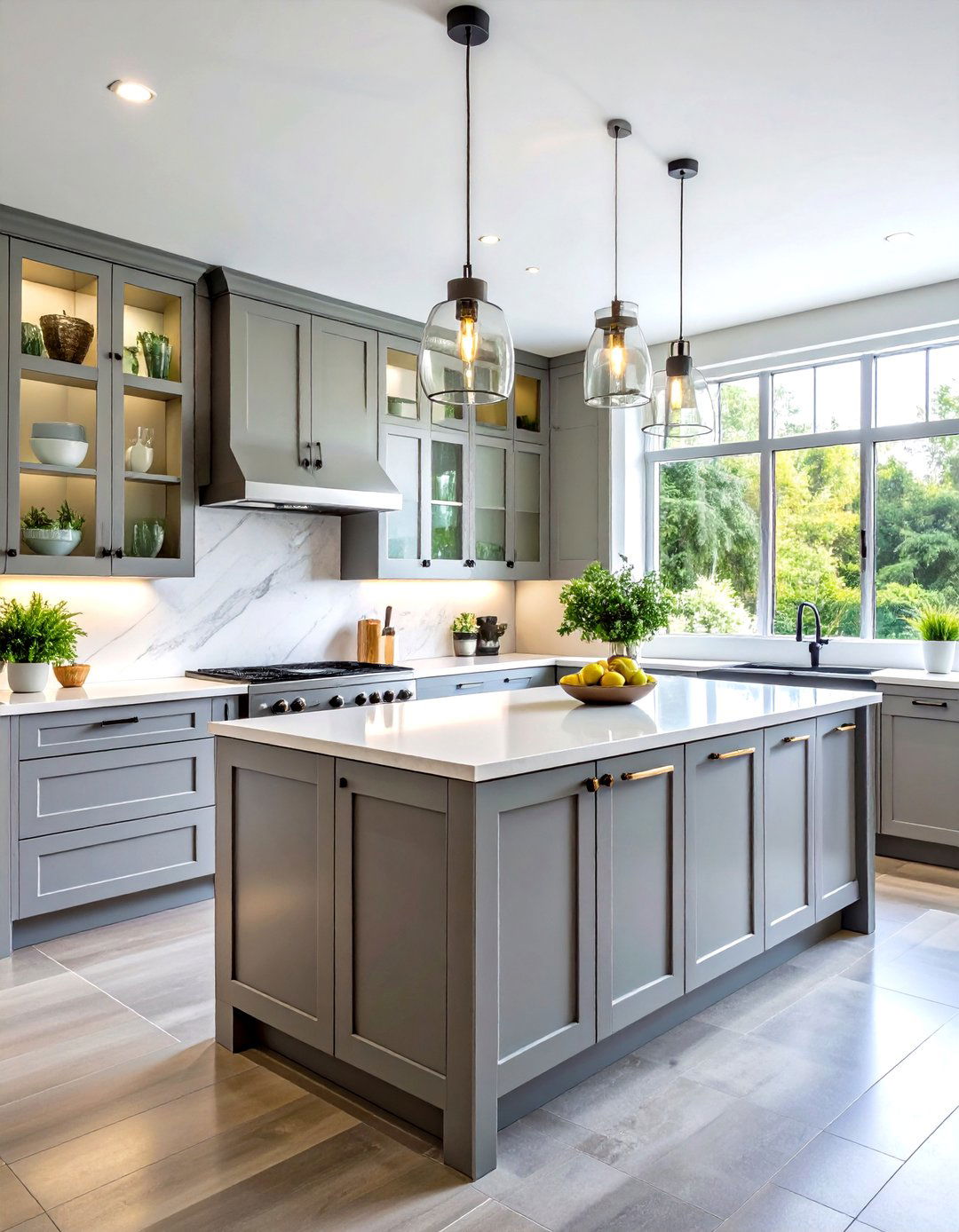 Gray Kitchen with Glass Front Upper Cabinets - 24 Gray Kitchens