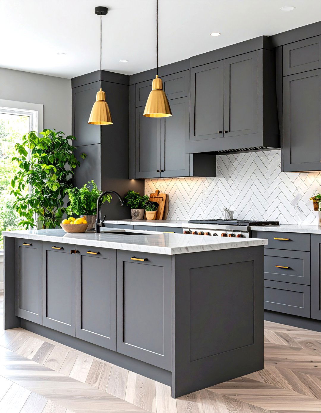 Gray Kitchen with Herringbone Pattern Backsplash - 24 Gray Kitchens