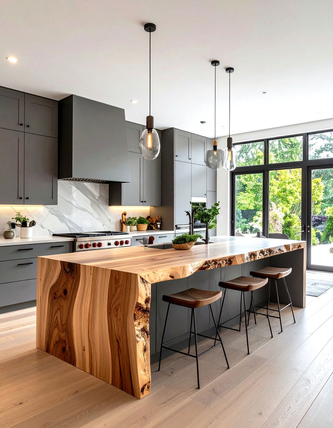 Gray Kitchen with Live Edge Wood Waterfall Island - 24 Gray Kitchens