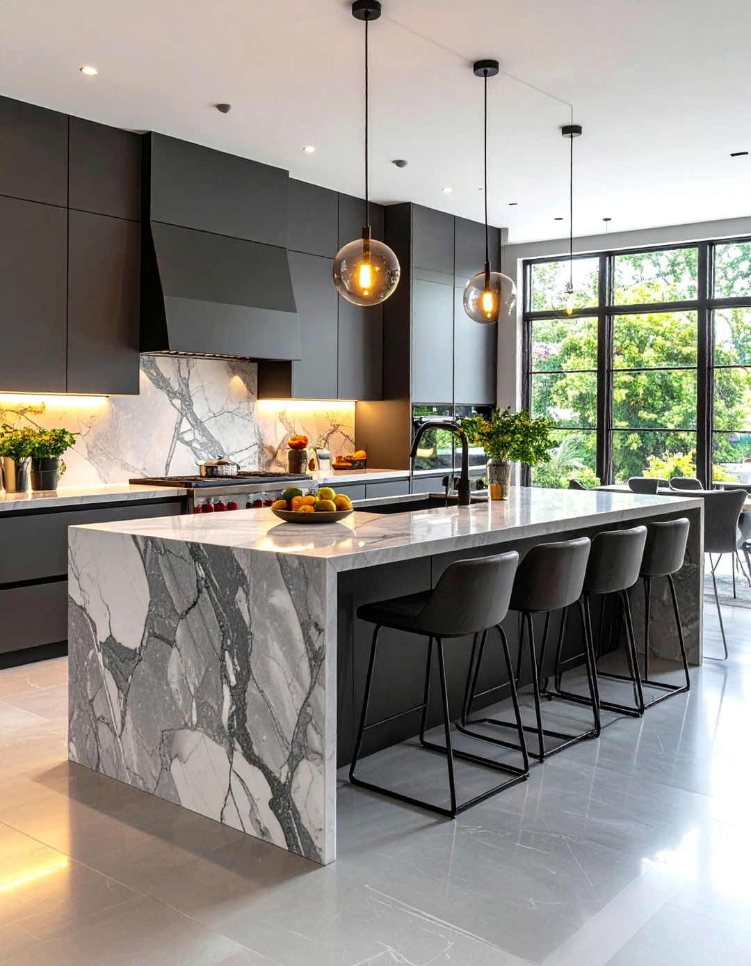 Gray Marble Waterfall Island with Black Supports - 24 Gray and Black Kitchen Ideas