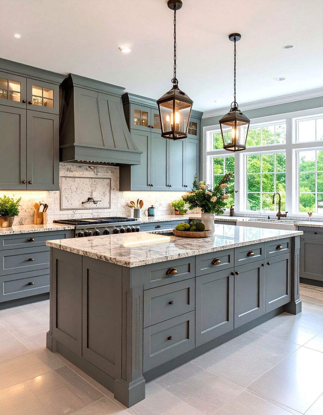 Gray Raised Panel Cabinets with Granite Countertops - 24 Farmhouse Kitchen With Gray Cabinets Ideas