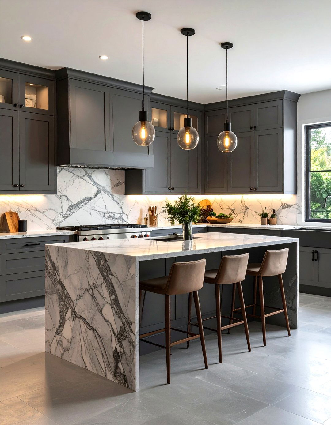 Gray Shaker Cabinets with Natural Stone Countertops - 24 Farmhouse Kitchen With Gray Cabinets Ideas