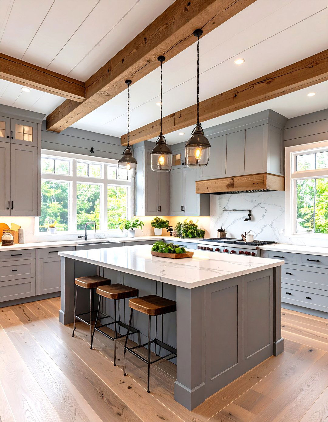 Gray Shiplap Ceiling with Contrasting White Island - 24 Kitchen Shiplap Ideas With Kitchen Island Ideas