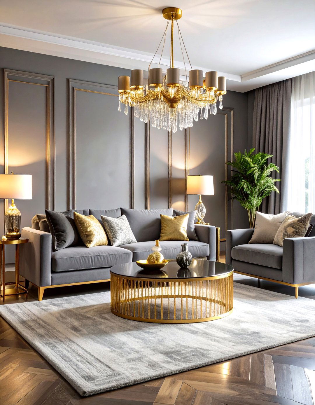 Gray and Gold Glam Living Room - 24 Gray Living Room Ideas
