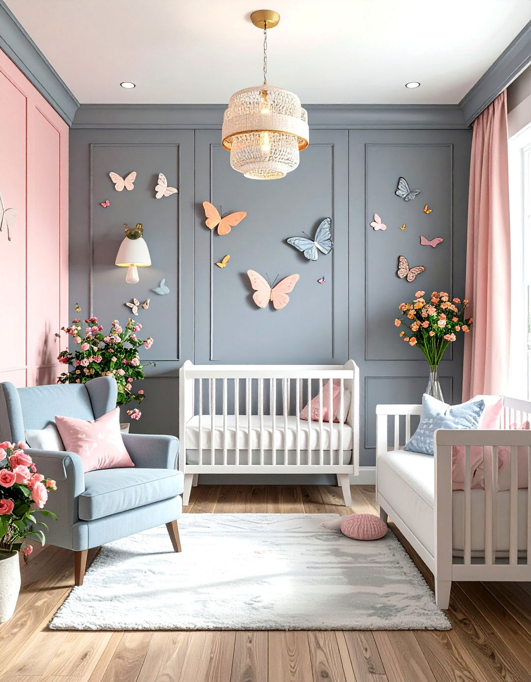 Gray and Pink Two Tone with Butterfly Garden - 24 Wainscoting Nursery Ideas