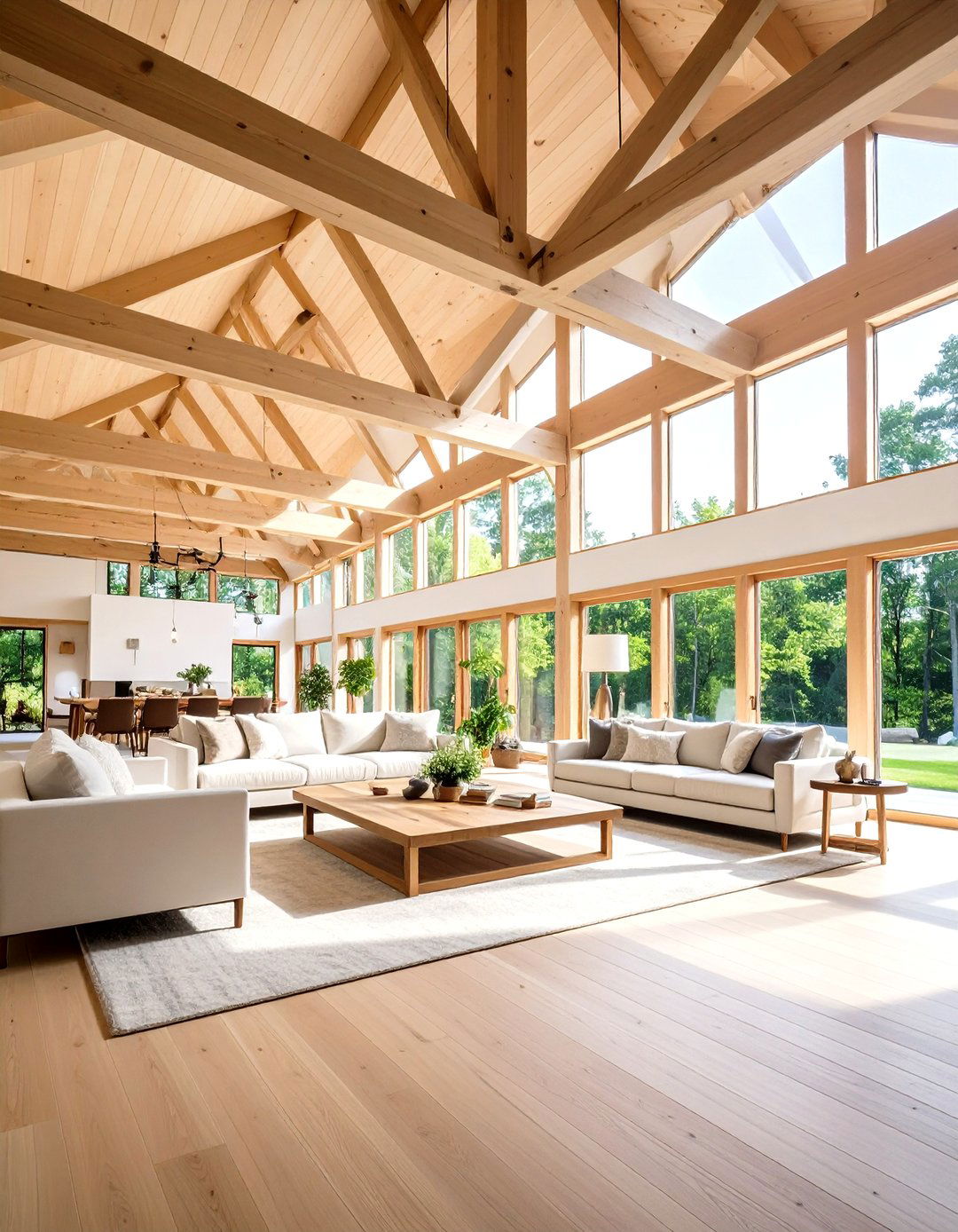 Great Room Living Area with Intersecting Beam Networks - 24 Exposed Beam Living Room Ideas
