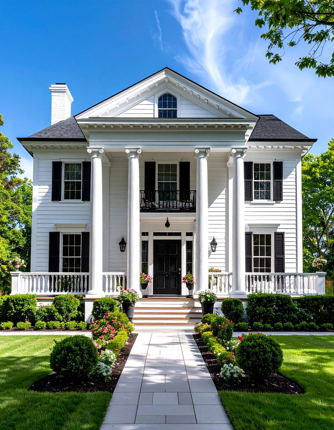 Greek Revival with Black Classical Details - 24 single story white house black trim