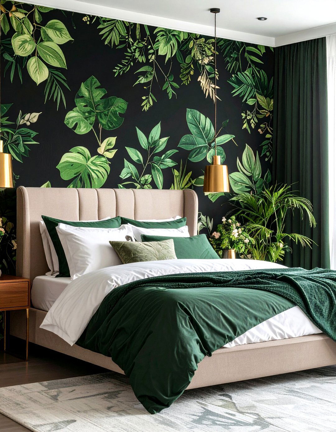 Green Botanical Wallpaper with Black Furniture - 24 Black and Green Bedroom Design Ideas
