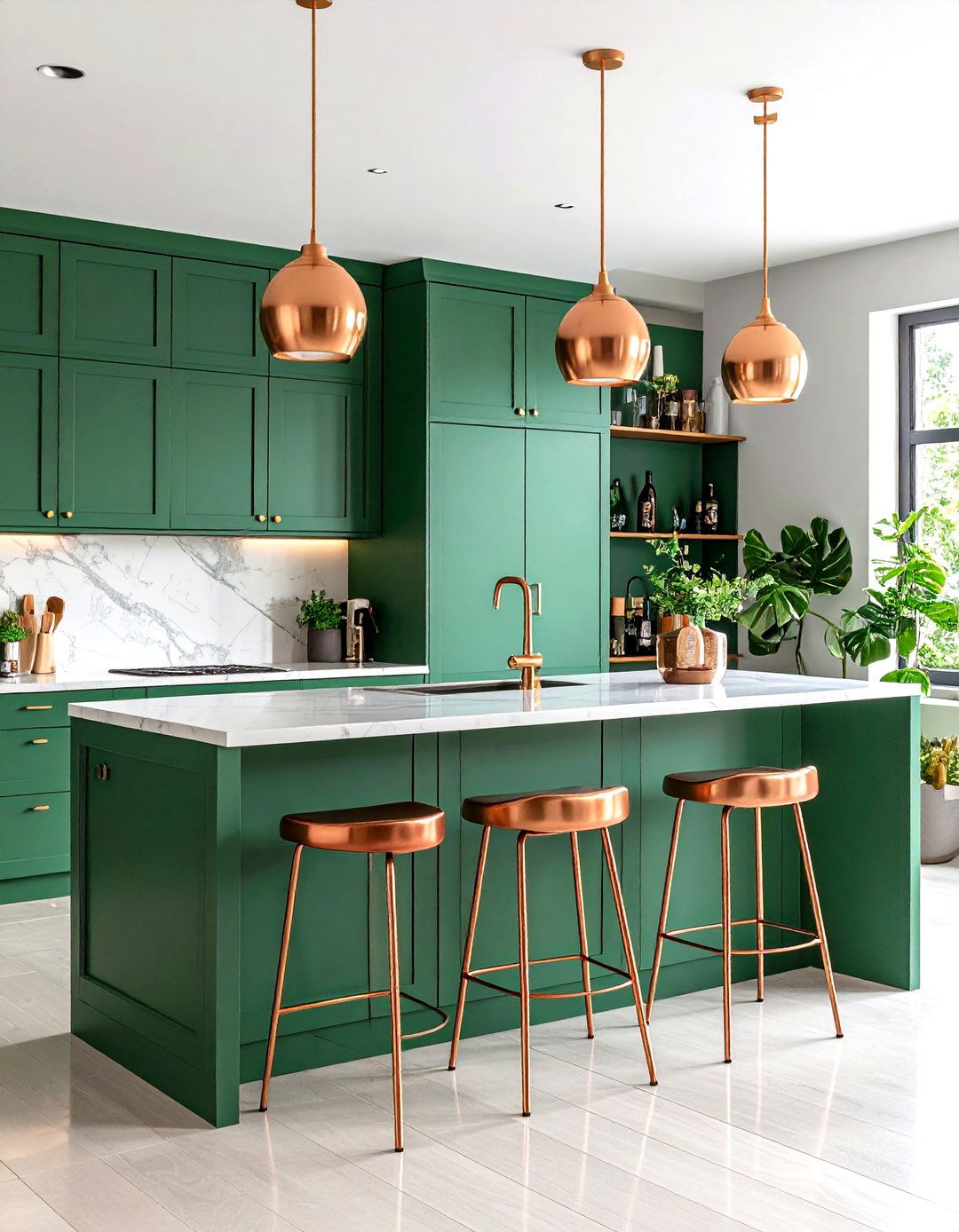 Green Breakfast Bar with Copper Stools and Accessories - 24 Green and Copper Kitchen Ideas