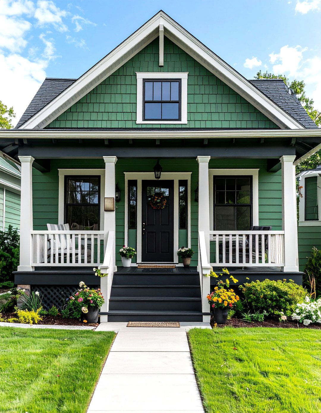 Green Bungalow with Black Porch Details - 24 Green House Exterior With Black Trim