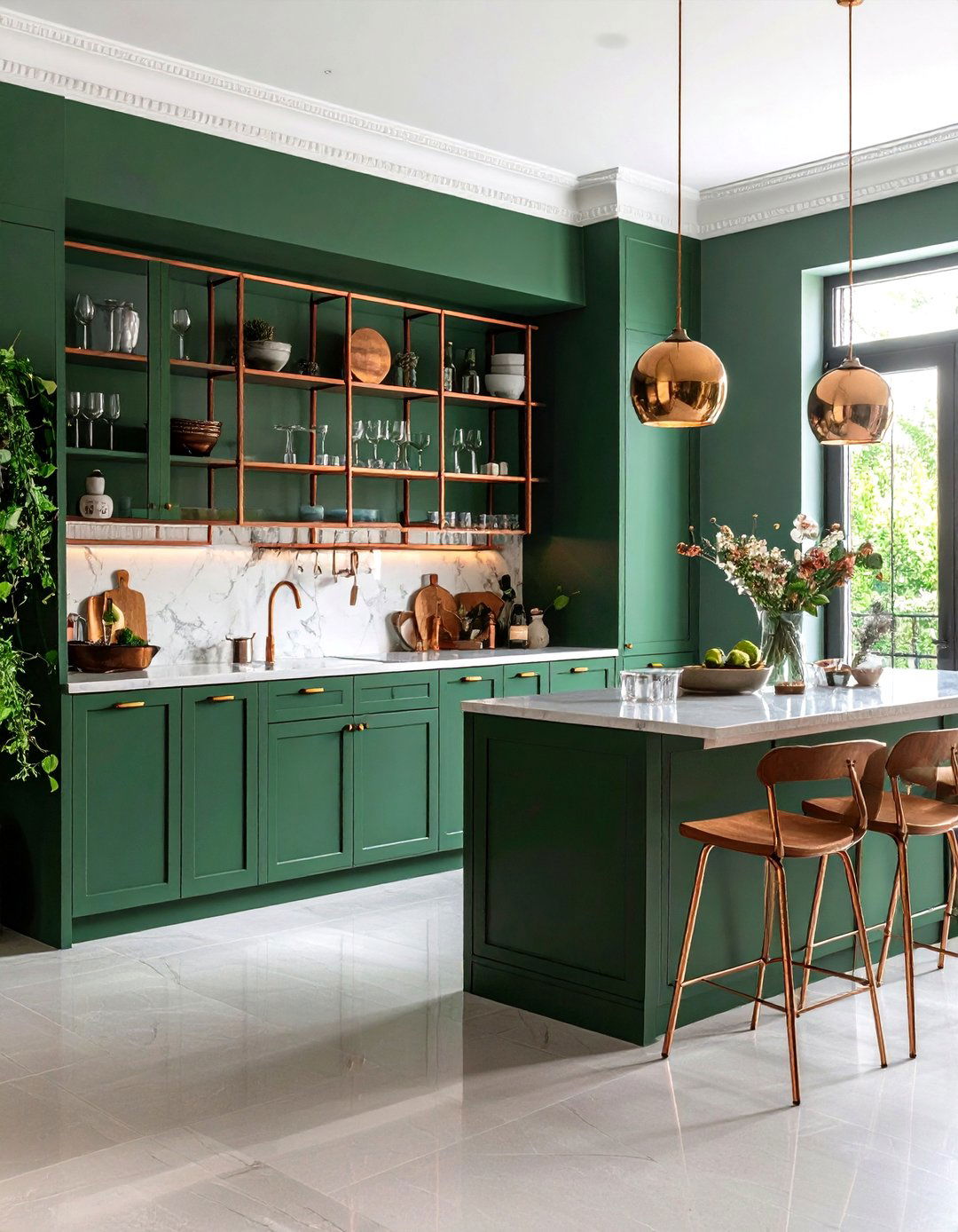 Green Butlers Pantry with Copper Display Shelving - 24 Green and Copper Kitchen Ideas