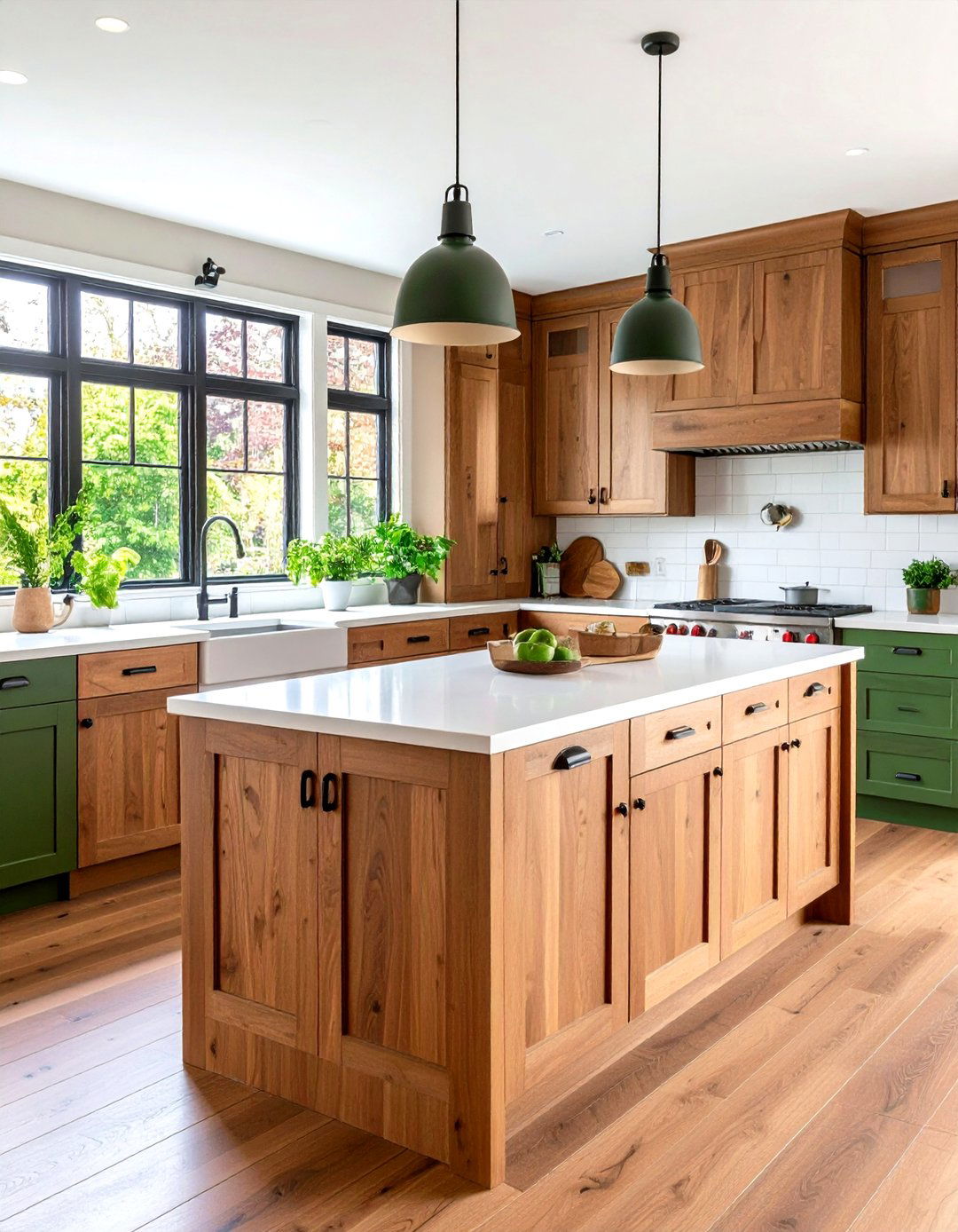 Green Cabinet Hardware with Brown Wood Grain Doors - 24 Green and Brown Kitchen Ideas