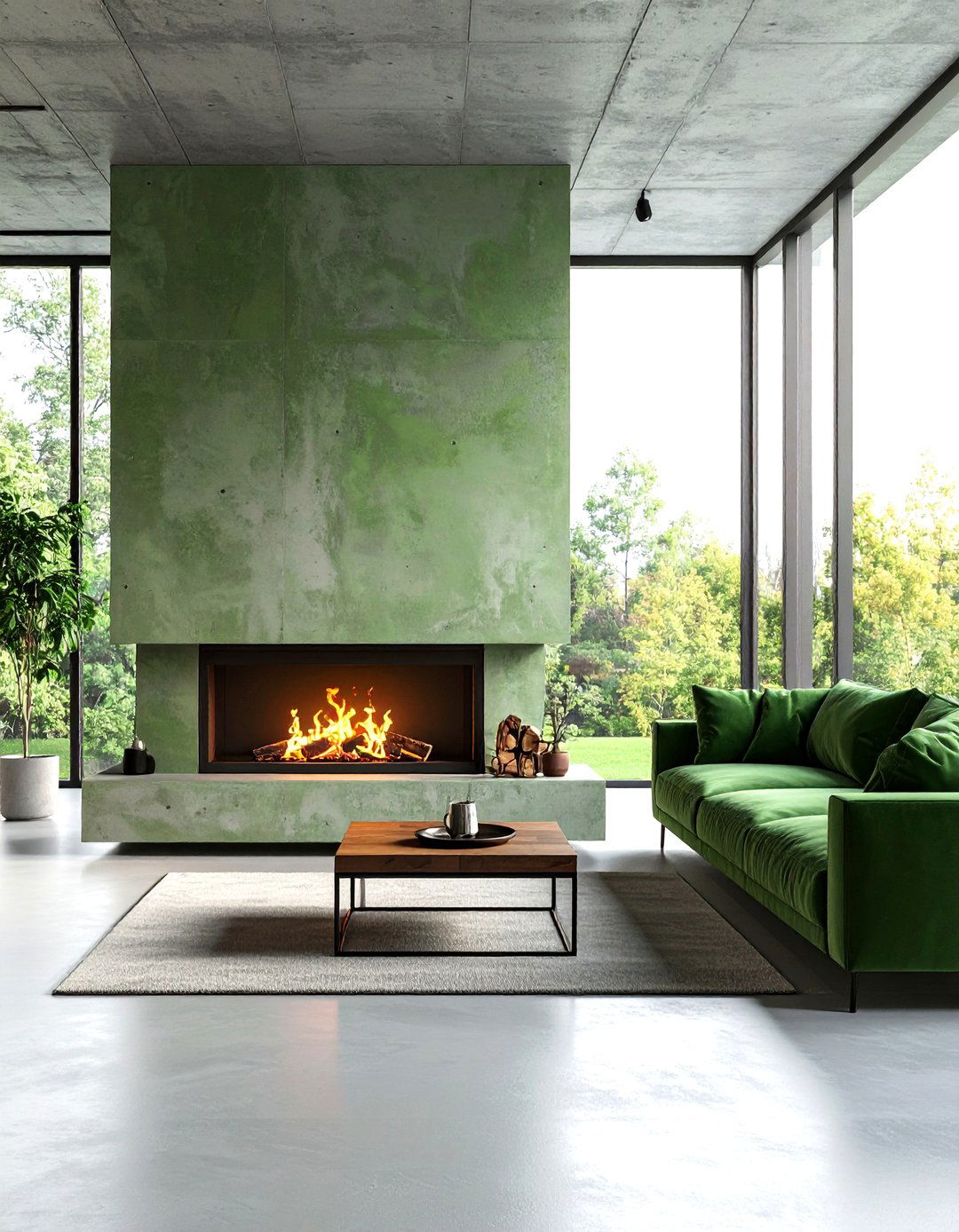 Green Concrete Modern Fireplace - 24 Green Fireplace Ideas