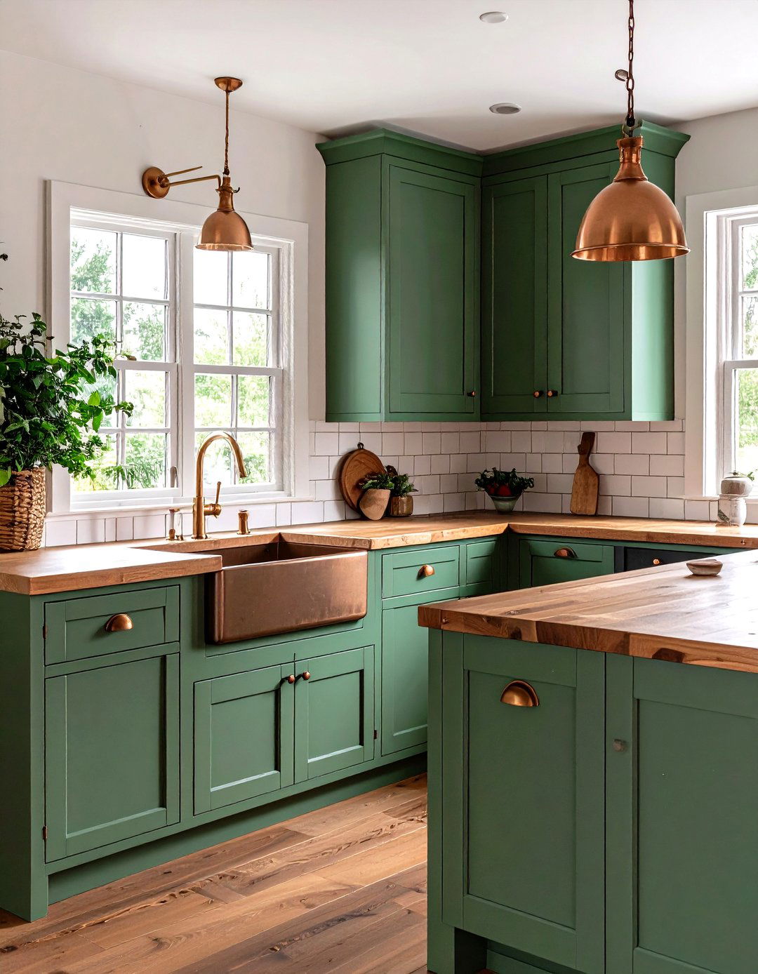 Green Cottage Kitchen with Copper Farm Sink - 24 Green and Copper Kitchen Ideas