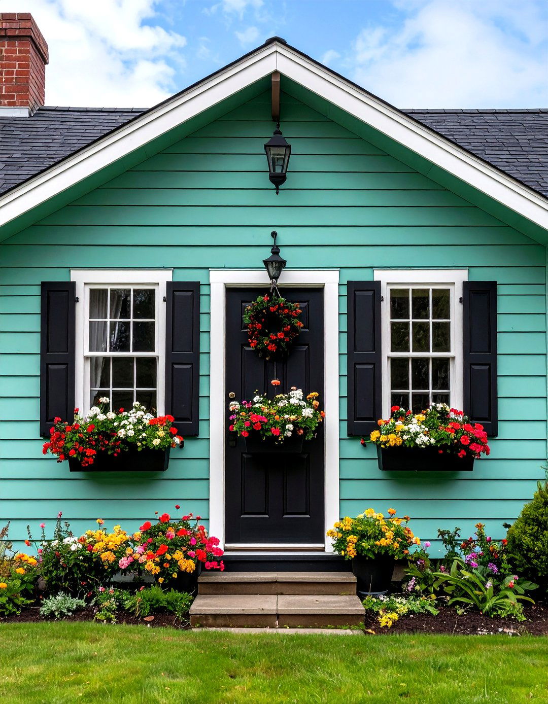 Green Cottage with Black Window Boxes and Shutters - 24 Green House Exterior With Black Trim