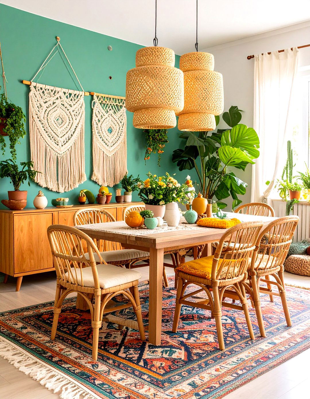Green Dining Room with Bohemian Eclectic Style - 24 Green Dining Room Ideas