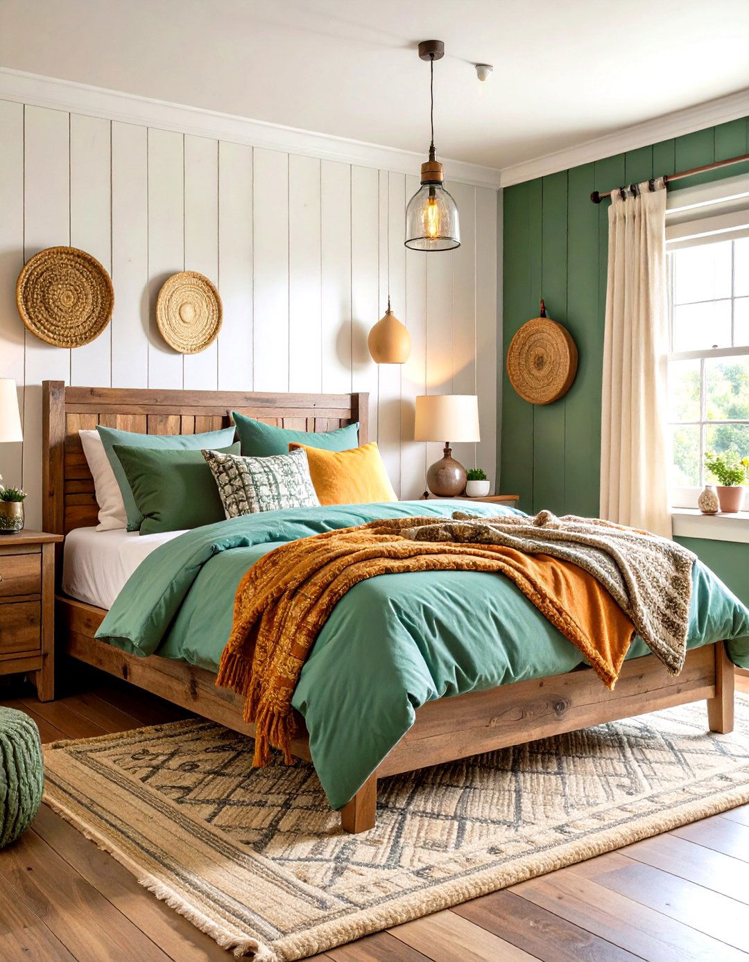 Green Farmhouse Bedroom with Shiplap and Vintage Accessories - 24 Dark Green Bedroom Ideas