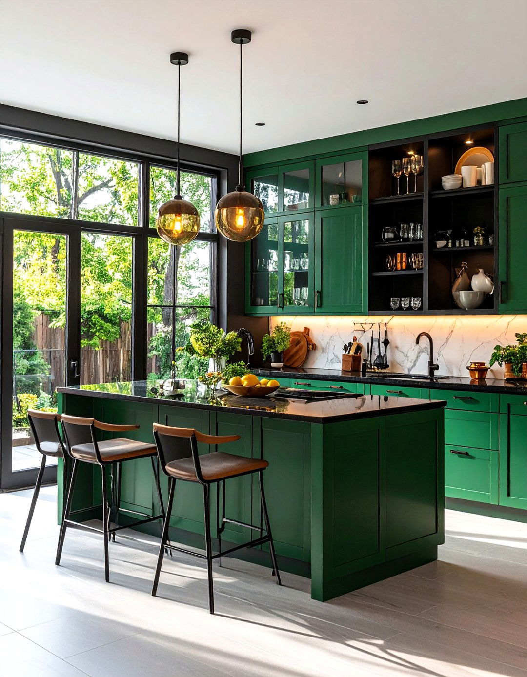 Green Glass Cabinet Doors with Black Interior Shelving - 24 Black and Green Kitchen Ideas