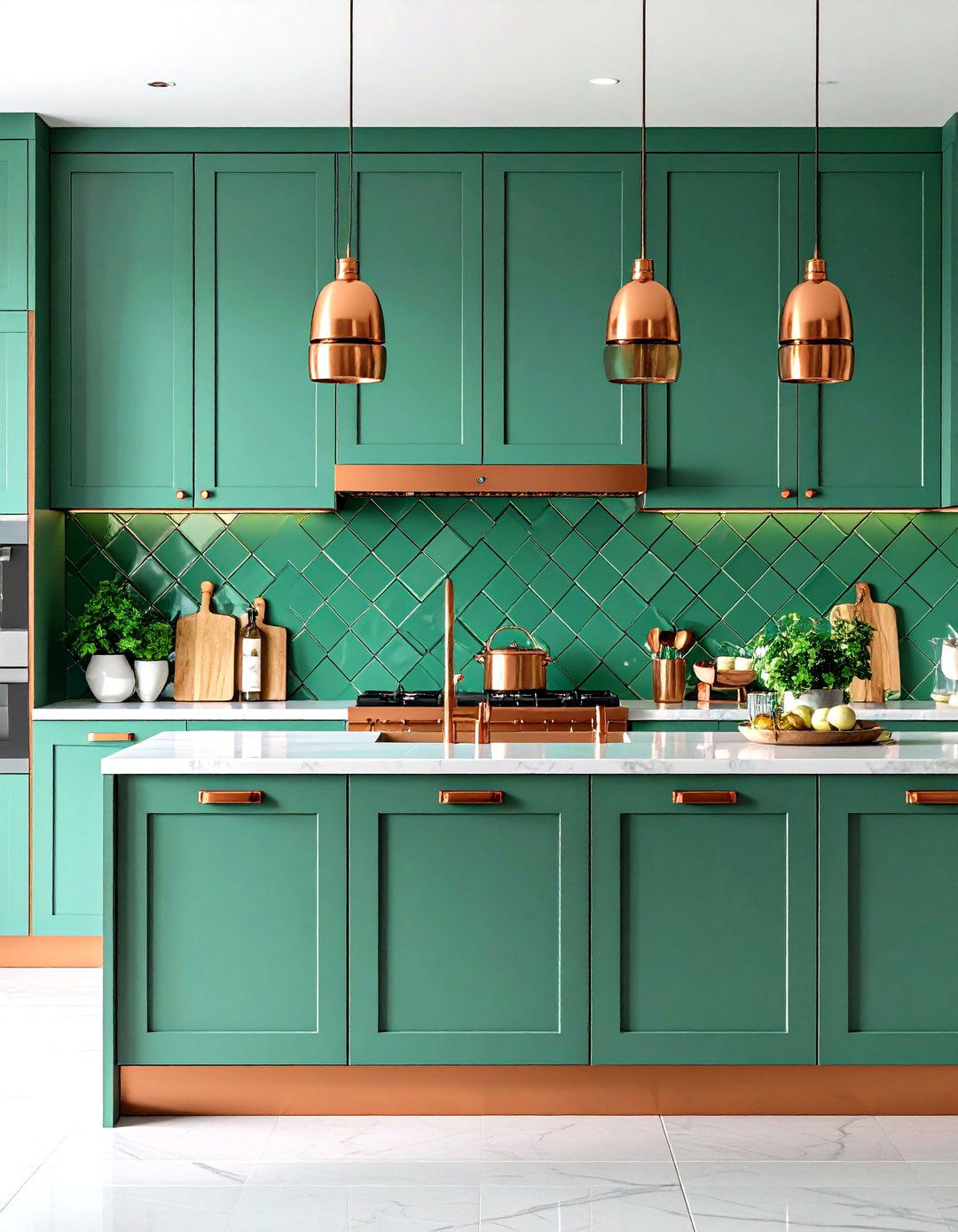 Green Glass Tile Backsplash with Copper Trim - 24 Green and Copper Kitchen Ideas