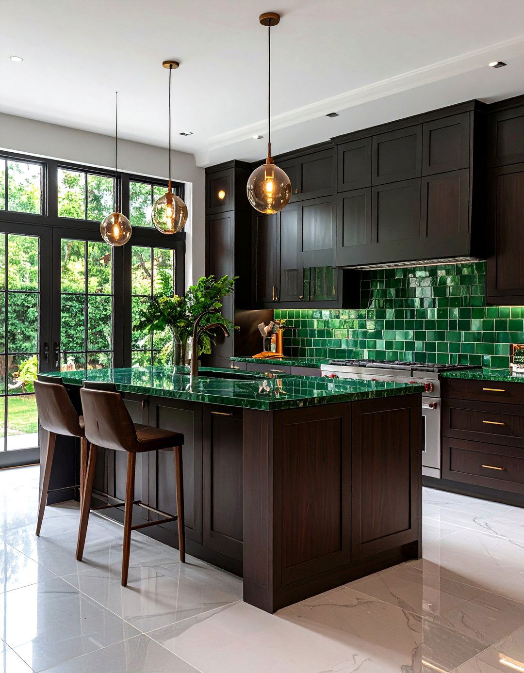 Green Glass Tile Backsplash with Dark Brown Cabinetry - 24 Green and Brown Kitchen Ideas