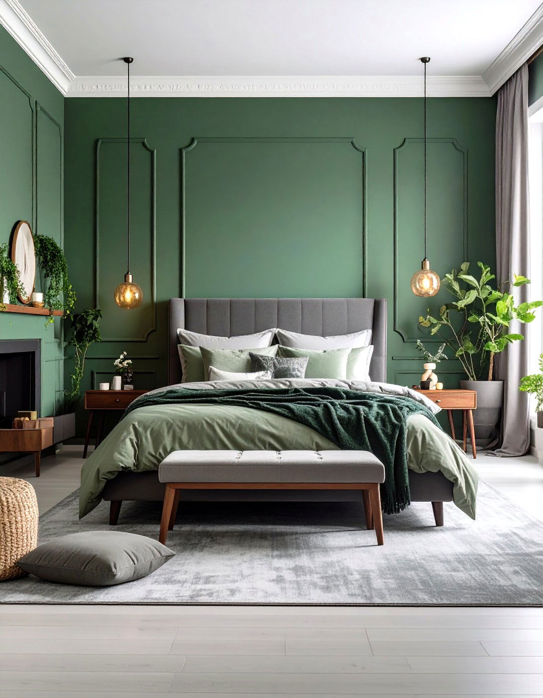 Green Grey Transitional Bedroom - 24 Green and Grey Bedroom Ideas