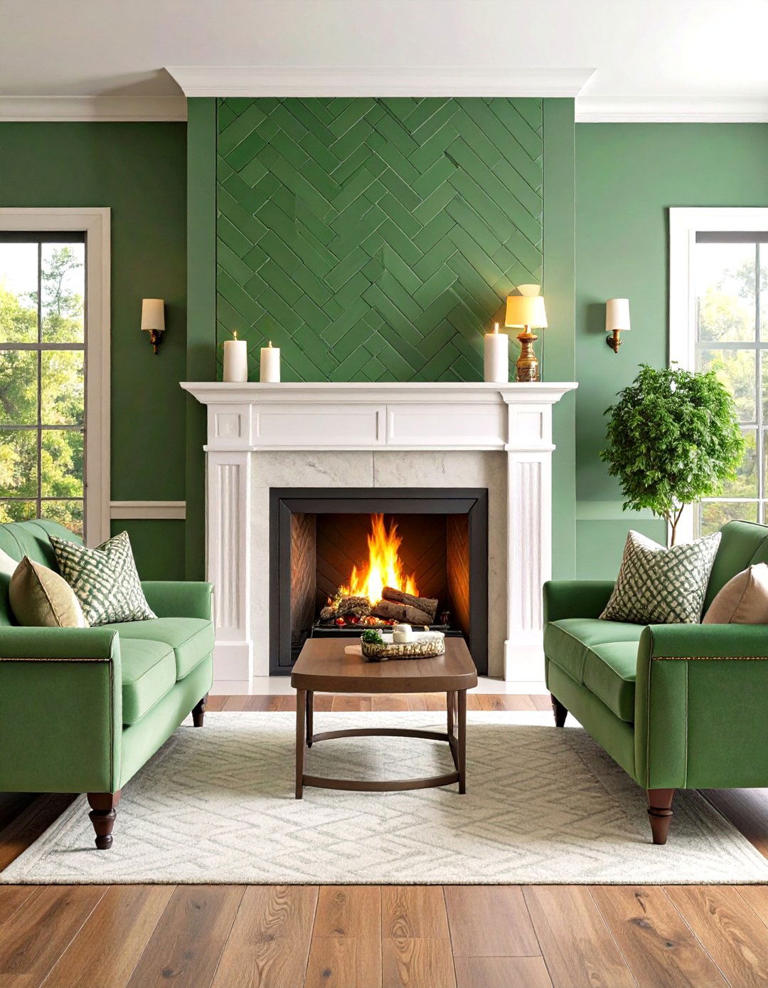 Green Herringbone Tile Pattern - 24 Green Fireplace Ideas