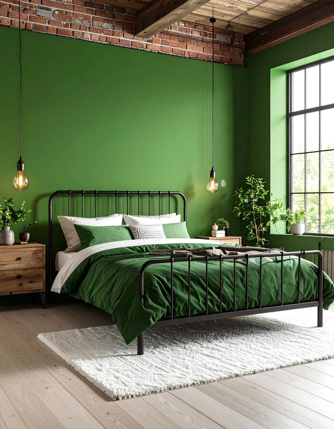 Green Industrial Loft Bedroom with Exposed Brick and Metal Elements - 24 Dark Green Bedroom Ideas