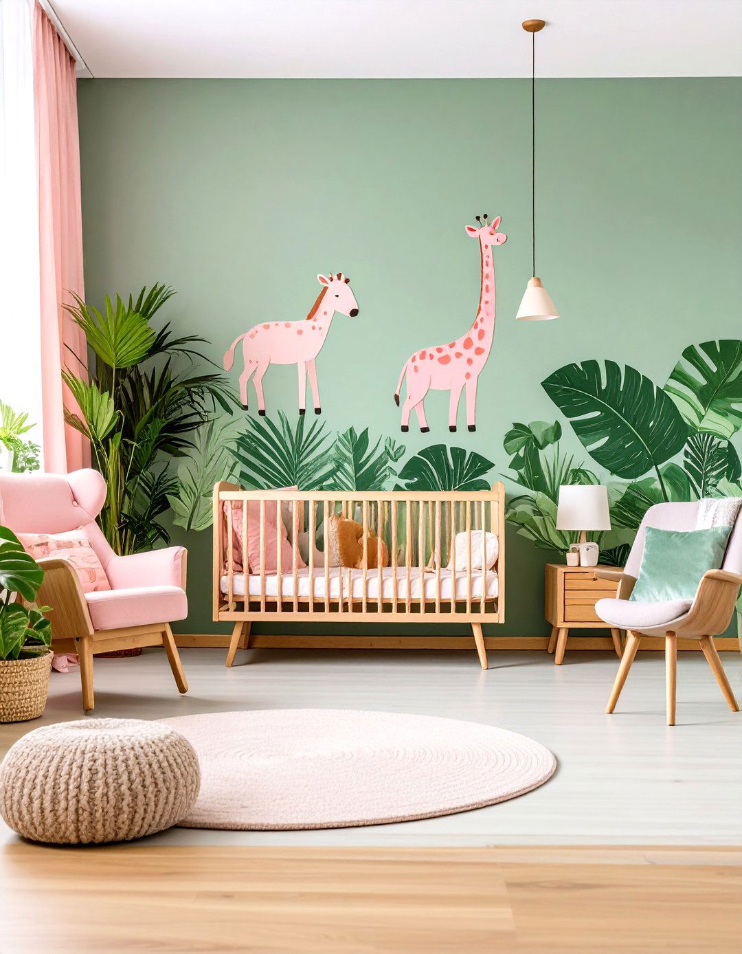 Green Jungle Leaf Mural with Pink Safari Animals - 24 Pink and Green Nursery Ideas