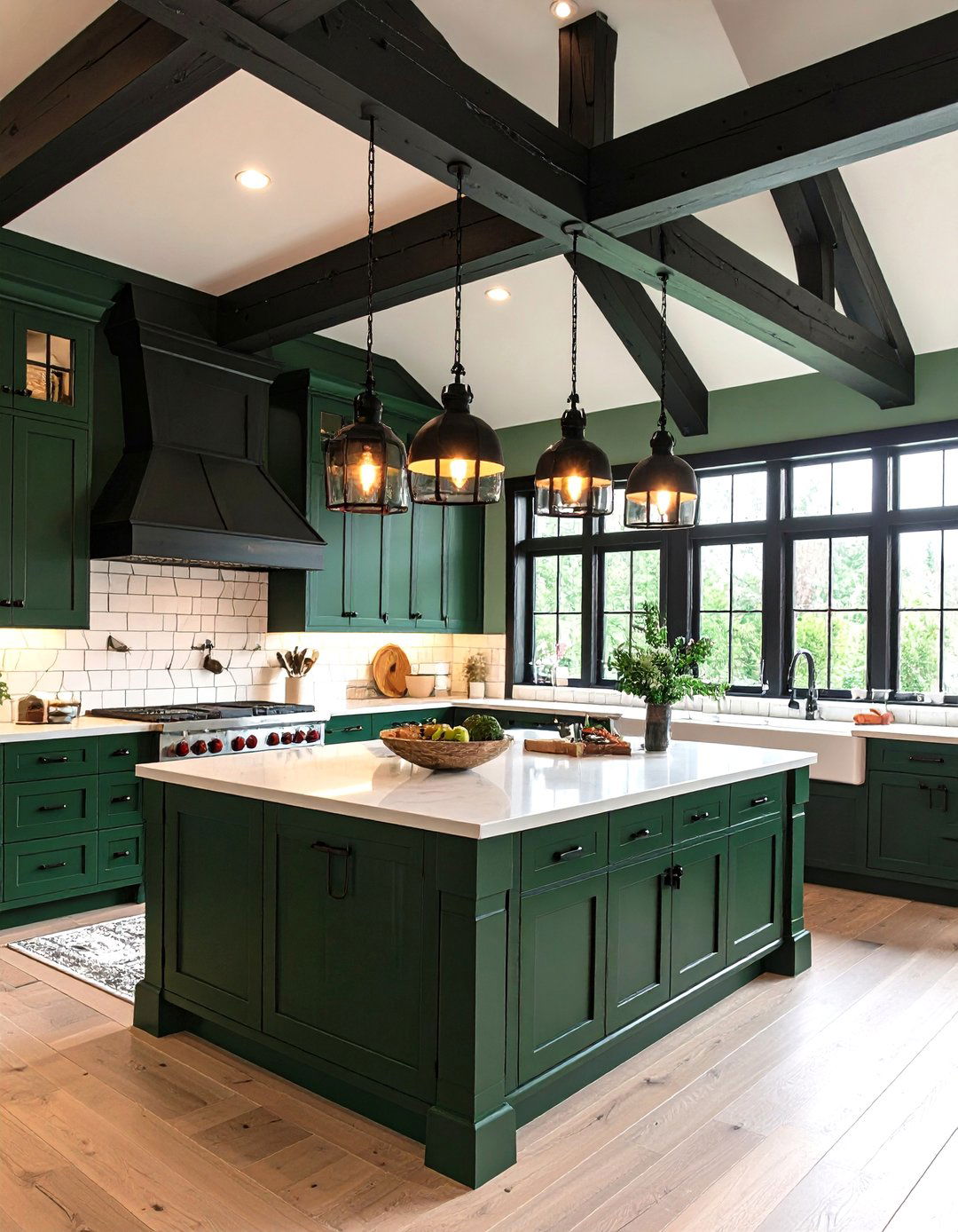 Green Kitchen Ceiling with Black Exposed Beams - 24 Black and Green Kitchen Ideas