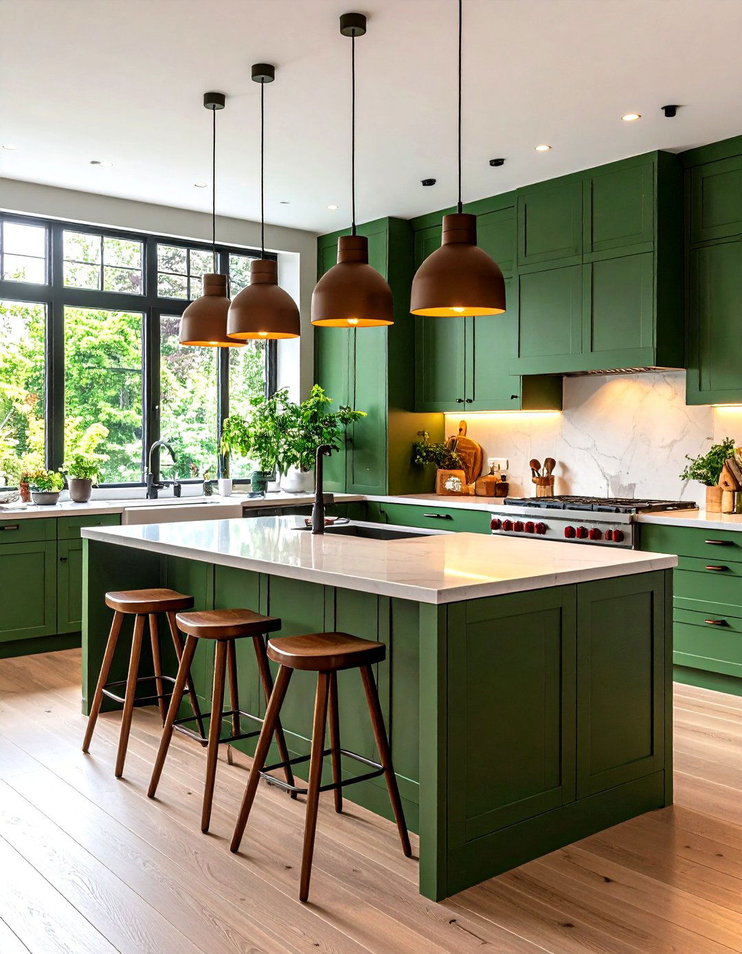 Green Kitchen Island with Brown Pendant Lighting - 24 Green and Brown Kitchen Ideas