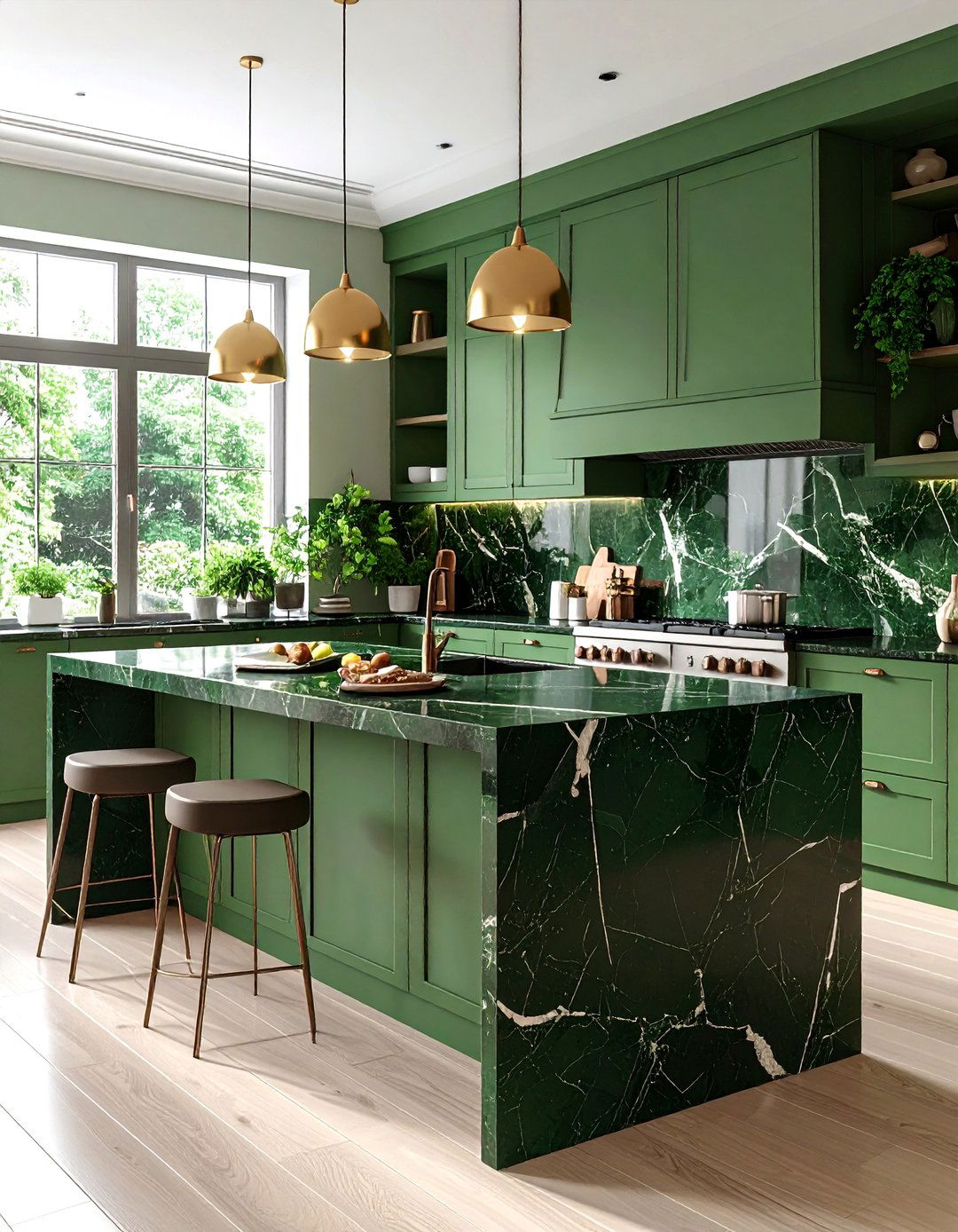 Green Kitchen Peninsula with Black Marble Waterfall Edge - 24 Black and Green Kitchen Ideas
