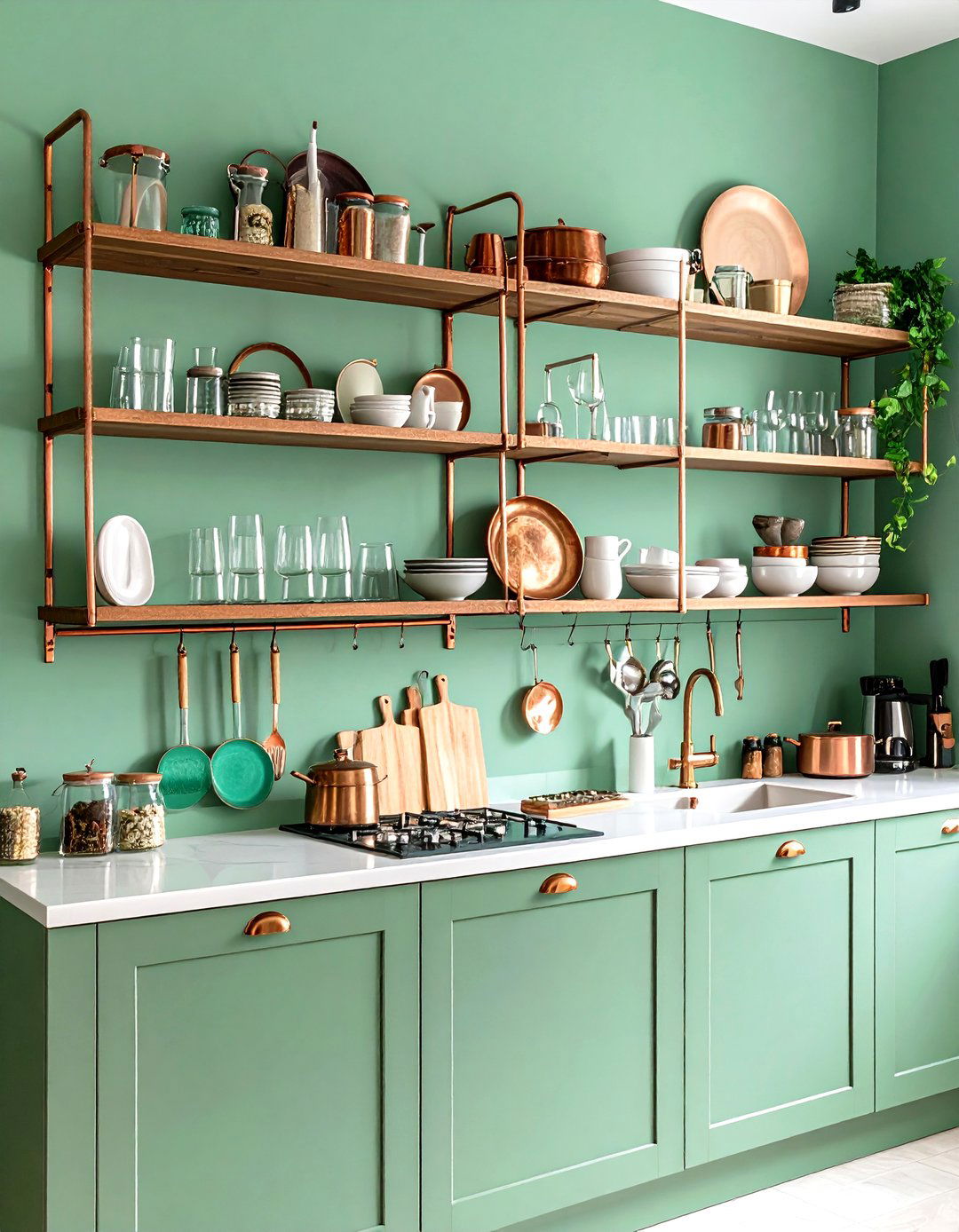 Green Kitchen Walls with Copper Open Shelving - 24 Green and Copper Kitchen Ideas